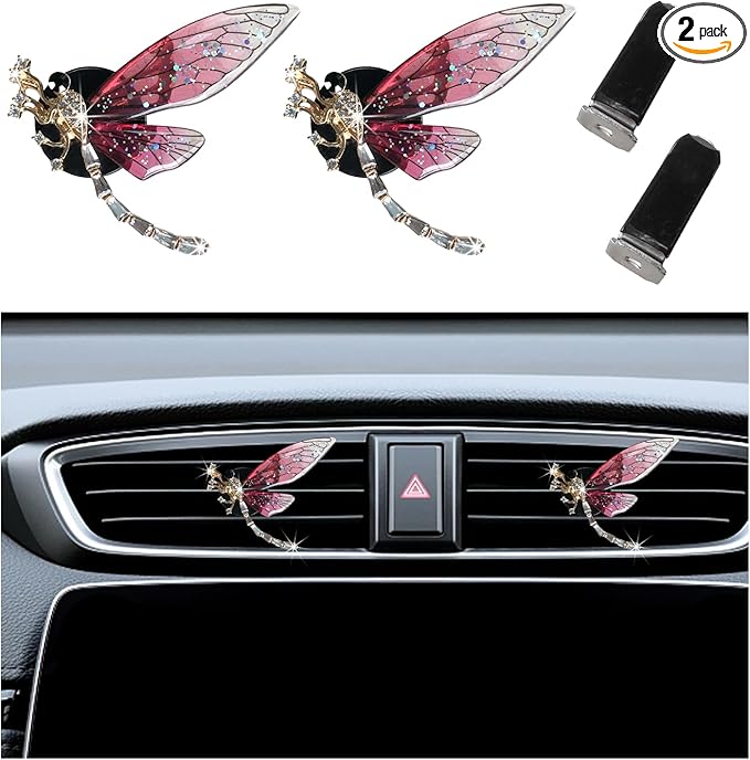 Augeny 2PCS Bling Dragonfly Air Vent Clips, Cute Crystal Car Air Fresheners Vent Clips, Rhinestone Diamond Auto Diffuser Vent Clip for Women Girls, Car Interior Decor Accessories (Rose Red)