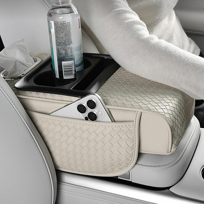 Car Armrest Cushion Cover Car Center Console Memory Foam Booster Pad with Storage Pocket and Tissue Hole for Sedan Vehicle (Cupholder - Grey, 13.39 * 7.68 * 2.95'' / 34 * 19.5 * 7.5cm)