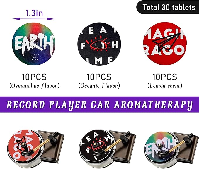 Augeny 30 PCS Car Vent Clip Aromatherapy Fragrance Diffuser, Retro Style Air Diffuser Freshener, Auto Record Player Design Turntable Perfume Vent Outlet Decoration, Car Accessories