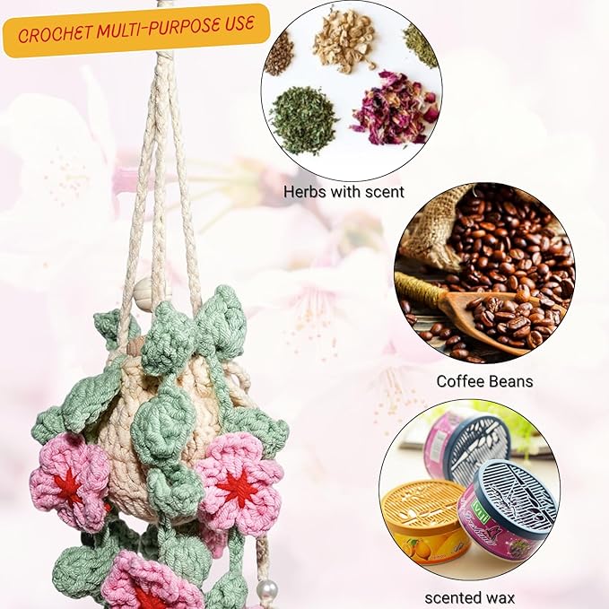 Crochet Car Air Freshener, 15ml Empty Refillable Oil Diffuser Bottle With Crochet Cherry Blossom Hanging Plant for Car Accessories, Crochet Plant for Rear View Mirror Decor, Home and Office Decor