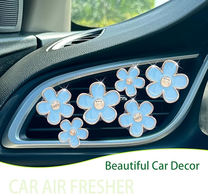 6pcs Flower Car Vent Clips,Cute Daisy Car Air Fresheners,Light Blue Daisy Car Decor for Women 3.3cm/3cm/2.5cm Girly Flower Decotaion Accessories,Refillable Clips on Diffuser