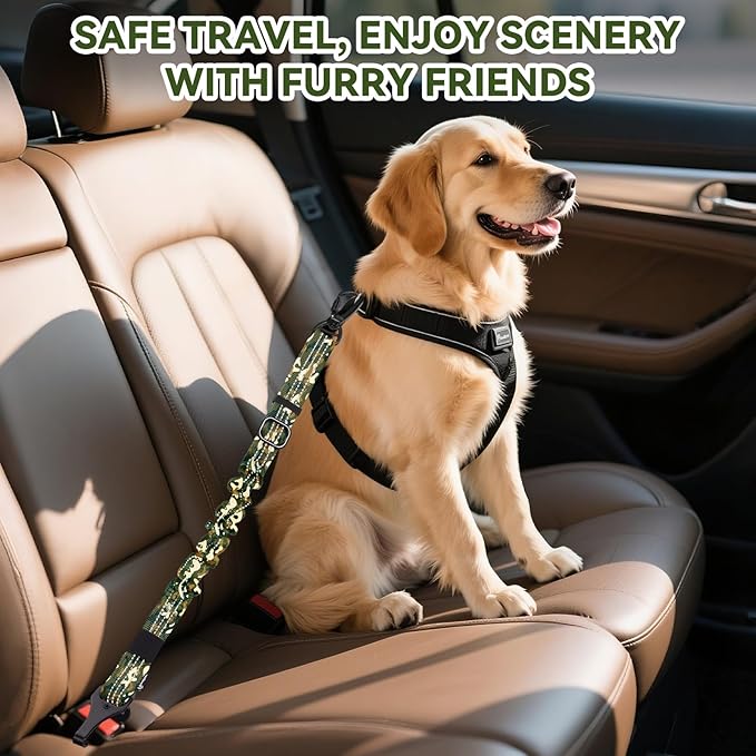 Pawaboo Dog Seatbelt for Car, 3-in-1 Dog Seat Belt Bungee, Shockproof Dogs Tether with Buckle&Hook Latch, Adjustable Reflective Dogs Cars Harness Leash with 360° Lockable Buckle, Army Green Camouflage