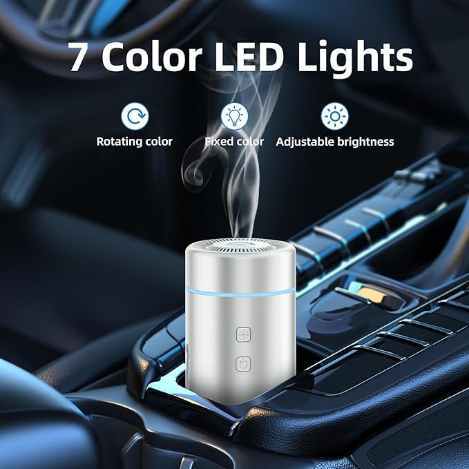 100ML Car Essential Oil Diffuser, Rechargeable Battery Powered, Cordless Portable Aromatherapy Humidifier with 7 LED Color Lights 2 Timer Modes for Car Room Home Office (Silver)