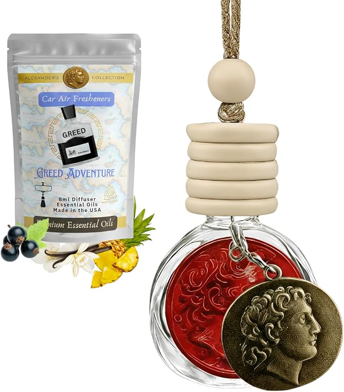 Greed Luxury Car Air Freshener for Men - Inspired by Avintus, Long-Lasting 100% Natural Essential Oils, Made in USA - Includes Bronze Alexander Coin Charm by House Of Olympus