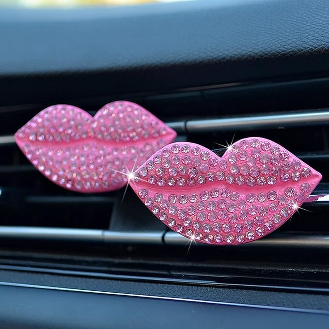 2 Pieces Bling Sexy Lip Air Vent Clips Rhinestone Lipstick Car Air Freshener Clip Crystal Car Air Outlet Decorations Charm Car Inter Decor Accessories for Girls Women