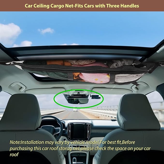 Kaskawise 31.5"x21.6" Car Ceiling Cargo Net – Double-Layer Roof Storage Organizer for 3-Handle & 4-Handle Vehicles, Perfect for Road Trips & Car Camping