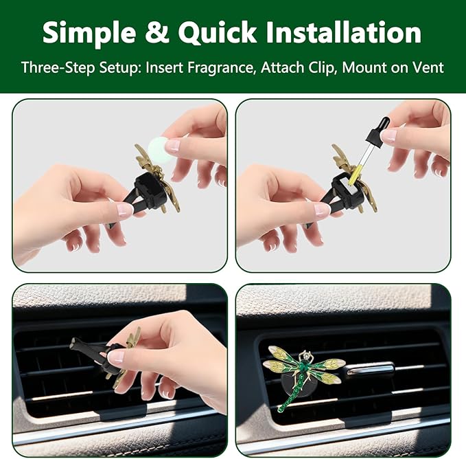 2Pcs Dragonfly Car Accessories Green Air Diffuser Vent Clips Cute Clip Decor for Vents Refillable Car Accessories Sparkly Glamorous Decoration for Interior Style