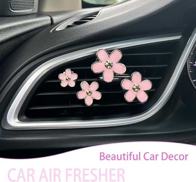 Flowers Car Accessories,4pcs Pink Daisy Air Vent Clips Car Air Freshener,4 Sizes Light Pink Flower Vent Clips Car Decor for Women,Refillable Diffuser