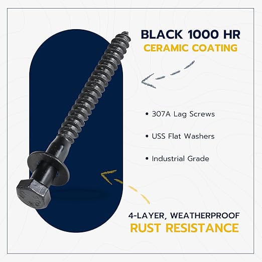 5/16 x 4 (50 Pack) Lag Screw Kit, 50 Screws and 50 Washers, Ceramic Black Ruspert Coating for Exterior Use, Meets ASTM A307 and ASME B18.2.1, Industrial/Commerical Grade by Makers Bolt