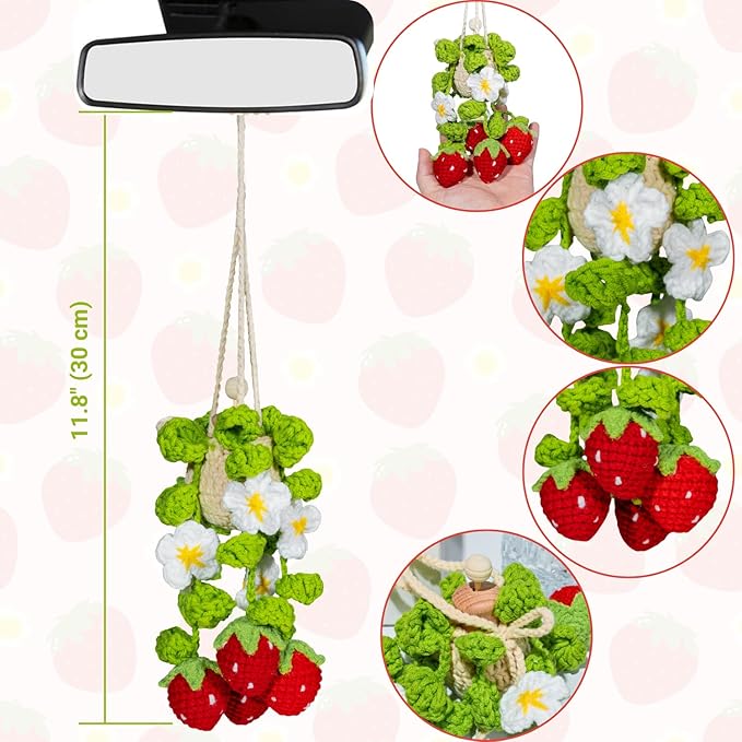 Crochet Car Air Freshener, 15ml Empty Refillable Oil Diffuser Bottle With Crochet Strawberry Hanging Plant for Car Accessories, Crochet Plant for Rear View Mirror Decor, Home and Office Decor