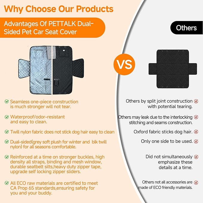 PETTALK Deluxe Double Side Dog Car Seat Cover Back Seat, Waterproof Seat Cover Hammock, Reversible,Heavy Duty,Anti Scratch,Durable Soft Pet Large Dog Cover Protector for Cars SUVs Trucks,User Friendly