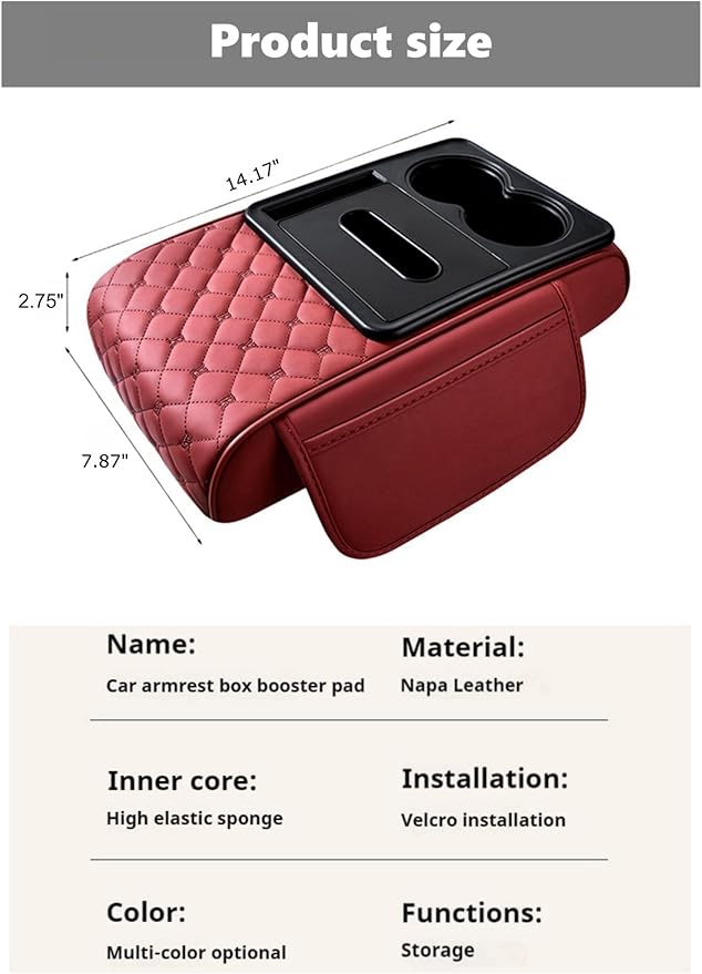 5-in-1 Center Console Cover Organizer, Arm Rest Cover for Car with Cup Holder & Storage Pocket & Tissue Box, Armrest Cover Cushion Pad, Grid, Black - Red