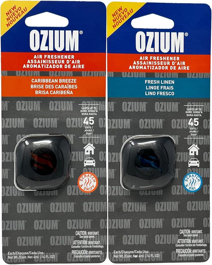 Ozium Membrane Car Vent Clip AC Air Fresheners Car Air Freshener and Car Odor Eliminator (Caribbean Breeze + Fresh Linen, 2 Packs Combo Kit)