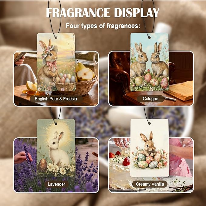 Vintage Easter Bunny Egg Car Air Freshener 4 Pcs, Religious Easter Rabbit Egg Floral Hanging Air Freshener for Cars Closet Drawer Books, Spring Bunny Car Accessories for Women