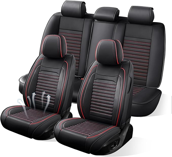 Car Seat Covers Full Set Fit for Toyota Venza 2009-2026, Premium Faux Leather Car Seat Protector,Breathable Anti-Slip Full Wrapping Edge Seat Covers(Black&Red,Full Set)