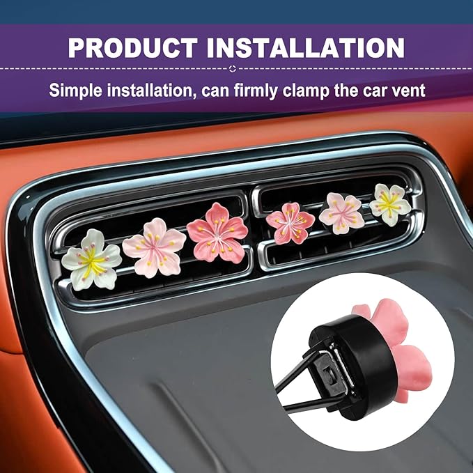 6PCS Car Cherry Blossom Vent Clips Cute Floral Scented Air Freshener Decor Pink Floral Auto Accessories for Women Aesthetic Car Interior Decorations