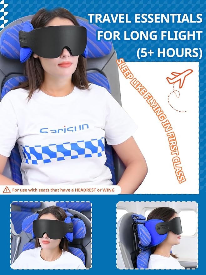 Travel Pillows for Airplanes, Airplane Pillow for Long Flight Car Road Trip, Airplane Head Strap with Sleep Eye Mask, 360° Support Headrest, Stop Bobblehead Travel Neck Pillow, Mottled Red