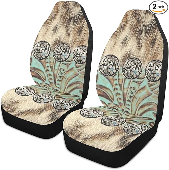 Western Car Seat Covers Set of 2,Rustic Brown Beige Teal Western Country Cowboy Tooled Leather Universal Auto Front Seat Cushion Protector for Women Men Cool Car Accessories Fit for Car Truck