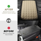 Car Armrest Cushion, 12.2"×8.3" Leather Auto Memory Foam Center Console Pad with Storage Pocket, Waterproof & Anti-Scratch Elbow Pillow Armrest Seat Box Protector, Universal Fit (Beige)