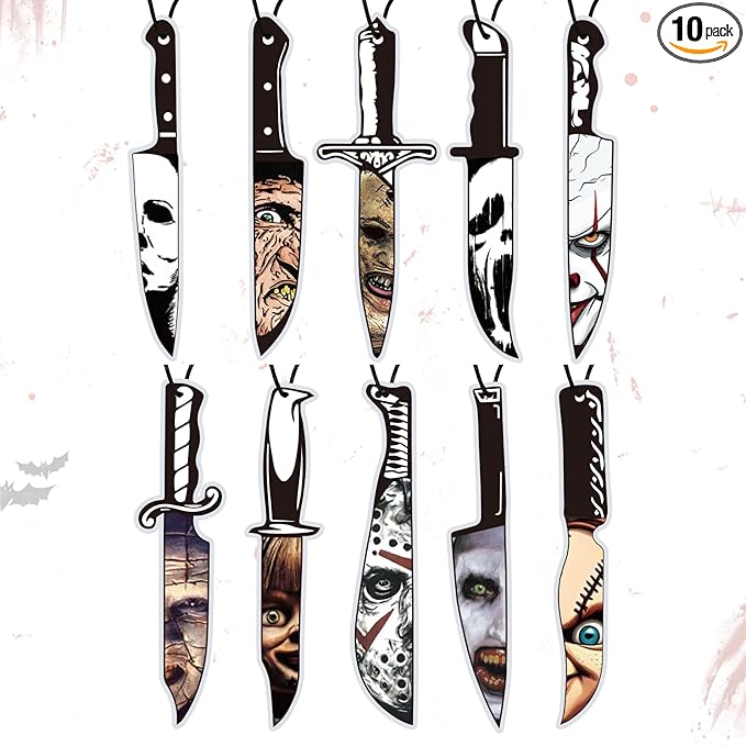 10 Pcs Horror Movie Car Air Freshener Set, Blk Ice Scent Halloween Themed Hanging Knife Design, Spooky Halloween Gifts for Women Men, Classic Horror Movie Character Car Accessories Decor.