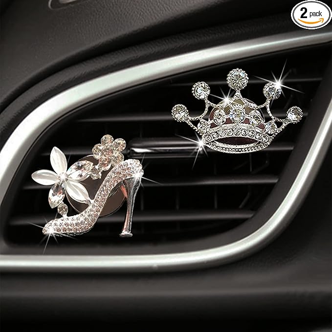 2 Pieces Crystal High Heel Shoe and Crown Air Vent Clips Rhinestone Car Air Freshener Clip Bling Car Clip Gift Decorations Charm Car Inter Air Vent Decor Accessories for Girls Women
