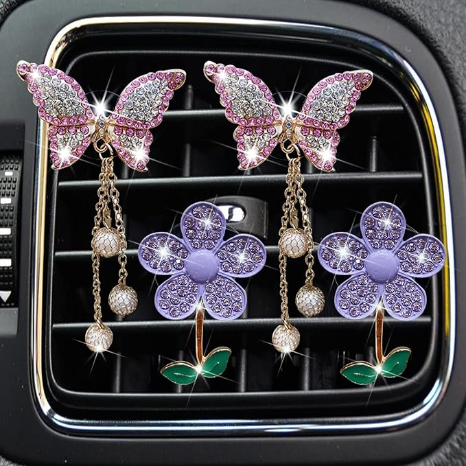 Bling Butterfly Daisy Air Vent Clips, 4 Pcs Butterfly Flower Car Air Fresheners, Cute Car Interior Decor
