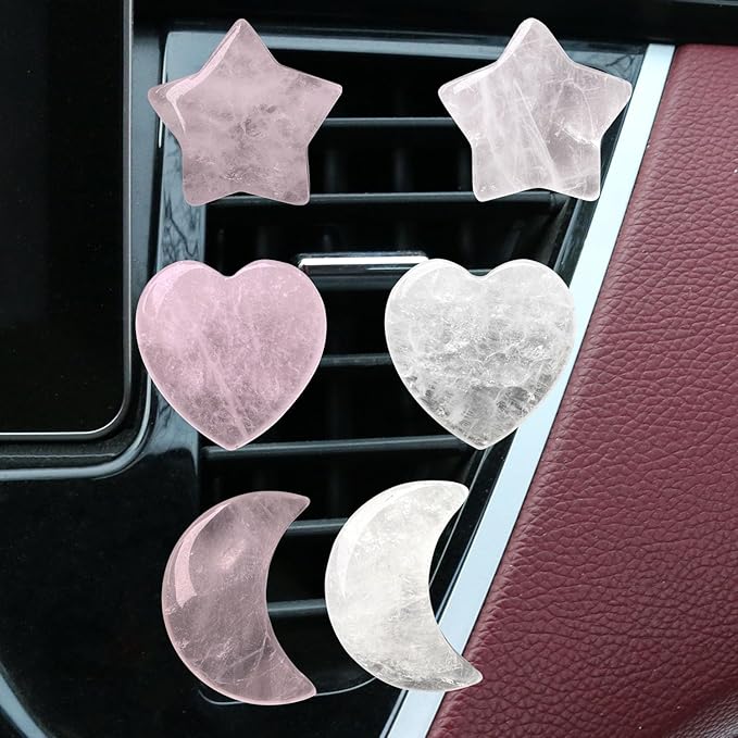 Set of 3 Crystal Stone Car Air Vent Clips, Moon Star Heart Quartz Charm Car Air Freshener Clip, Air Conditioning Outlet Clip, Cute Car Interior Decoration Accessories for Men Women (White, Unscented)