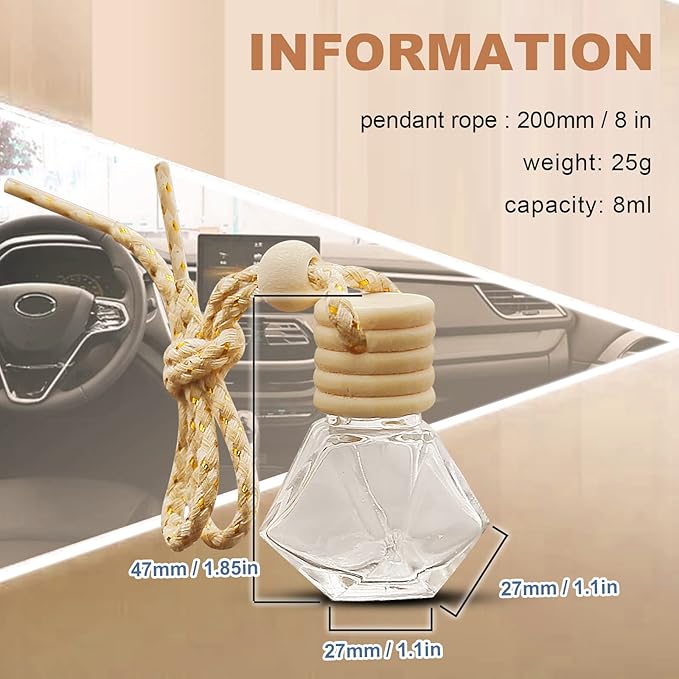 20pcs 8ML Diamond Shaped Glass Perfume Empty Bottles Five Line Lids Diamond Shaped Perfume Bottles Clear Glass Essential Oil Diffuser Oil Aromatherapy Perfume Hanging Bottles with Wooden Lids and Hanging String