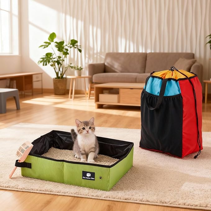 Hillban Travel Litter Box for Cats, 4 In1 Kit Include Scooper Cat, Portable Collapsible Portable Cat Box, Litter Bag, 15 Pcs Poop Bags, Lightweight Leak Proof for Car Travel, Camping, Plane, Hotel