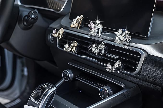 2 Pieces Crystal High Heel Shoe and Bag Air Vent Clips Rhinestone Car Air Freshener Clip Bling Pearl Car Clip Gift Decorations Charm Car Inter Air Vent Decor Accessories for Girls Women