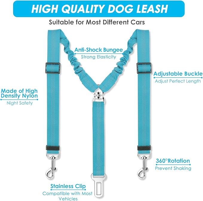 SlowTon Dog Seat Belt, Double Dog Seatbelt Adjustable Vehicle Safety Leash with Elastic Bungee Buffer, Reflective No Tangle Y Shape Two Dog Harness Seat Belt Splitter for Pets Car Trip (Mint Blue, M)