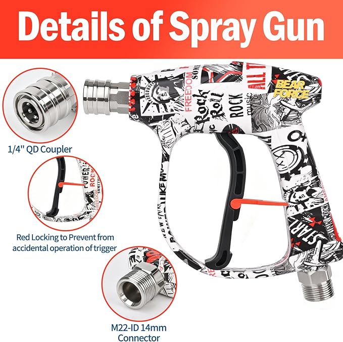 Bear Force High Pressure Washer Gun 3000 PSI Max, Power Washer Short Gun M22-ID14mm with 1/4“ Quick Connector, Car Wash, Car Cleaning, Car Care Detailing