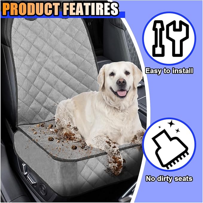 Dog Car Front Seat Cover with Side Flaps, Waterproof & Scratch Proof Car Seat Protector for Dog, Nonslip Pet Car Seat Pad with Safety Belt, Fit for Most Cars SUVs Trucks Jeeps (Grey)