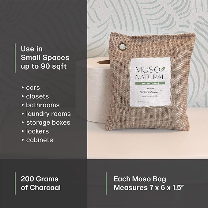 Moso Natural Air Purifying Bag 200g (5 Pack) A Scent Free Odor Eliminator for Cars, Closets, Bathrooms, Pet Areas. Premium Moso Bamboo Charcoal Odor Absorber (Natural Beige)