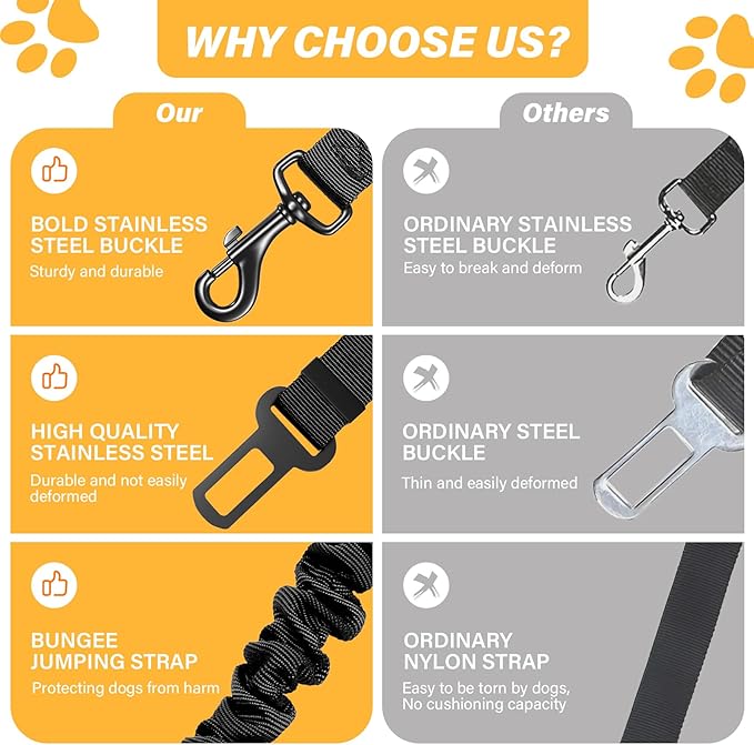 Dog Seat Belt Retractable Dog Car Harness 1 Pack Adjustable Elastic Bungee Buffer Heavy Duty & Durable & 360 Degree Swivel.