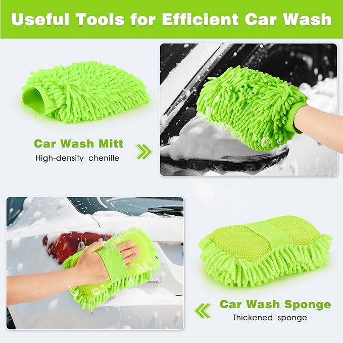 Car Wash Brush Kit with 15° Curved Long Handle, Car Cleaning Kit with 2 Replaceable Car Washing Mop, Wash Sponge, Mitt, Towel, Tire Brush, Cleaning Tools for Cars RV SUV Truck (Green)