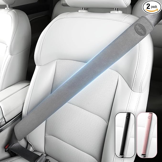 Wigoo 2026 Upgraded Extended Version Suede Car Seat Belt Cover, [Reduces Neck Friction & Enhances Comfort], Soft Shoulder Suede Pad Protector, Auto Interior Accessories,(2 Packs, 18.9Inch), Gray