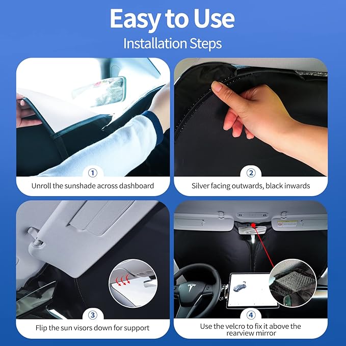 Upgraded Sunshade, Improved UV Protection Fabric, Foldable Front Sun Shade, Custom Accessories for Tesla Model 3/Y/Y Juniper 2016 to 2026