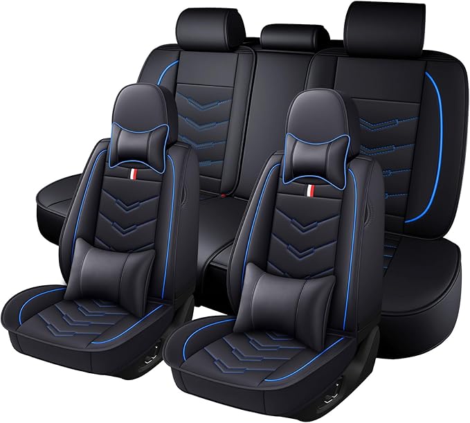 Full Set Seat Cover for Toyota Highlander 2001-2025, Waterproof Durable Premium Leather Car Seat Protector, Comfortable Anti-Slip Stylish Sport Seat Cover(5 Seats Luxury,Black Blue)