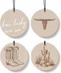 Boho Beige Western Round Car Air Freshener 4 Pcs, Preppy Cow Skull Cactus Cowgirls Boots Hanging Air Freshener for Cars Closet Drawer Books, Western Car Accessories Mirror Decor for Women