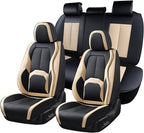 Coverado Car Seat Covers, Leather Seat Covers Full Set, Waterproof Car Seat Protector with Lumbar Support, Automotive Seat Covers Seat Cushions Universal Fit for Most Cars SUV Trucks, (Black&Beige)