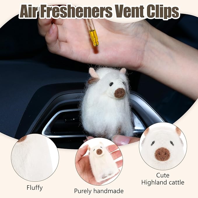 BBTO 2 Pcs Felt Highland Cow Gift Car Air Freshener Clips, Funny Handmade Air Fresheners, Cute Highland Cow Car Accessories, Ornament Vent Decor for Women Men, Christmas Party Gift (White,Brown)