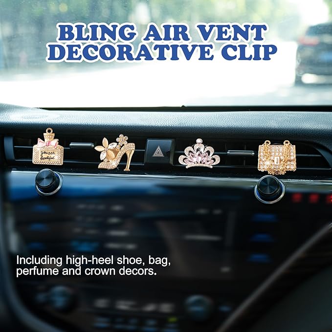 4PCS Bling Air Freshener Vent Clip, Crystal Diamond High Heel Shoe Bag Crown Perfume Bottle Diffuser Vent Clip Cute Car Bling Accessories Decoration for Women (Gold)