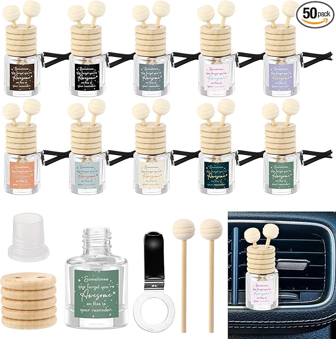 50 Pcs Employee Appreciation Gifts Bulk, Empty Car Diffuser Bottles with Vent Clip, Refillable Essential Oil Car Air Freshener Gifts for Coworker Team Teacher Nurses Staff (Sometimes)