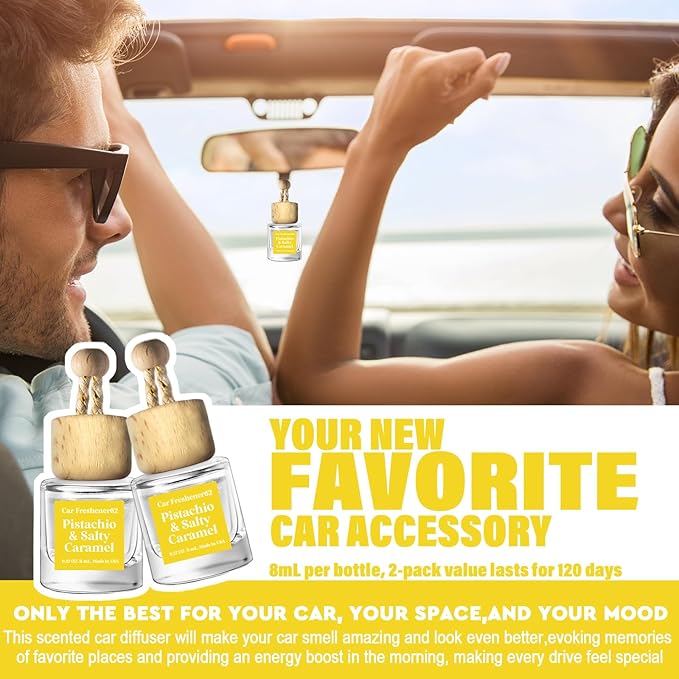 HoogaLife Car Air Freshener Diffuser 2 Pack Hanging Pistachio Salty Caramel Car Air Freshener for Women 45+ days Long Lasting Fragrance Made in USA (P62)