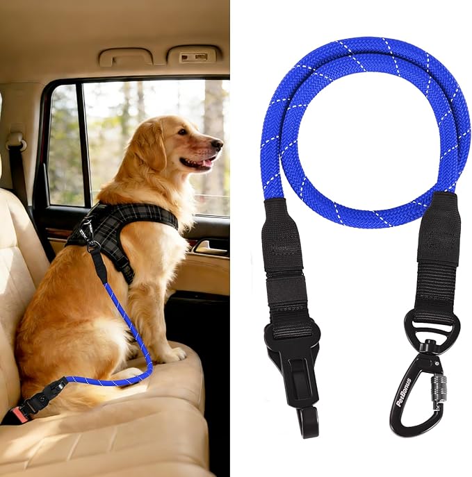 PetBonus Dog Seat Belt for Car, Durable Rope Dog Car Harness Seatbelt for Vehicle, Pet Tether Safety Restraint with Heavy Duty Buckle Hook Latch Lockable Clip for Small Medium Large Breeds (Blue)