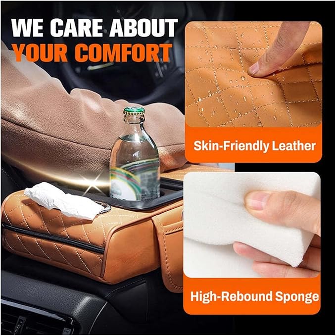Car Armrest Box Thicken Height Pad Arm Rest Cushion Memory Cotton Elbow Universal Auto Interior Storage Tissue Organizer(Black Brown)