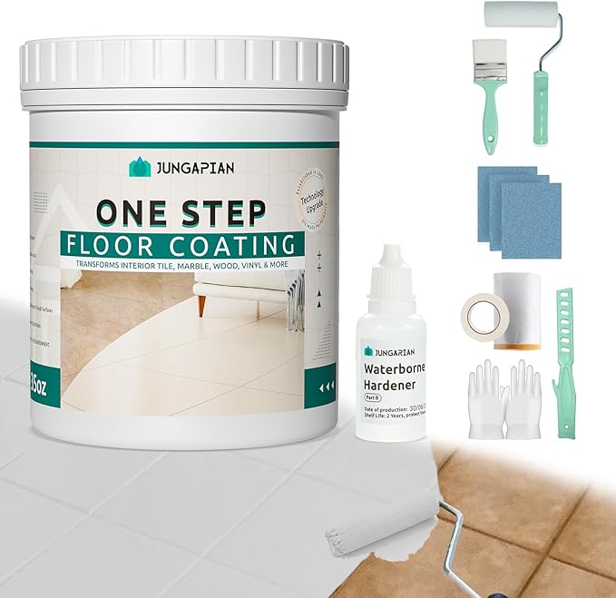 All-In-One Interior Floor Coating Kit, Water-based & Low Odor One-Step Floor Paint, High Hardness Waterproof Paint for Ceramic, Porcelain, Fiberglass, Hardwood, Laminate, Vinyl, 35OZ, Light Grey