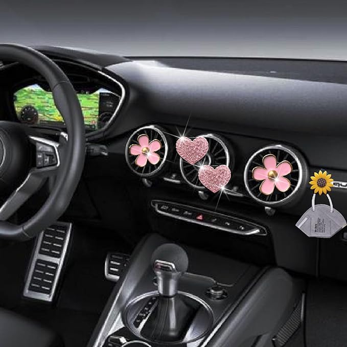 4 Pcs Pink Heart & Flower Pandent Air Vent Clips,Bling Heart and Flower Air Fresheners Vents Clips Diamond Car Interior Decor Bling Cute Car Accessories Decoration for Women+ Sunflower Mask Hook