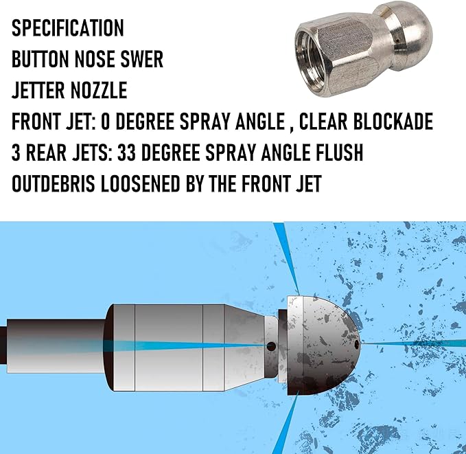 Hourleey Sewer Jetter Kit for Pressure Washer 100FT, Drain Cleaner Hose 1/4 Inch NPT, Orifice 4.0 Button Nose and Rotating Sewer Jetting Nozzle Spanner Tape Pearl Corsage Pin, 4000 PSI